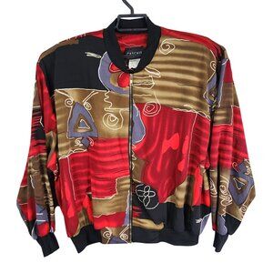 Womens Vintage Red Black Brown Abstract Cascais Jacket Full Zip Long Sleeve L
